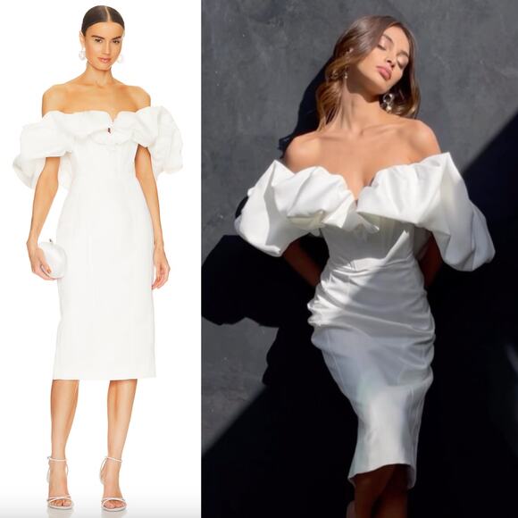 Line & Dot | Samara Dress in Off White Sheath Off Shoulder Puff Sleeve Midi XS - Picture 1 of 16